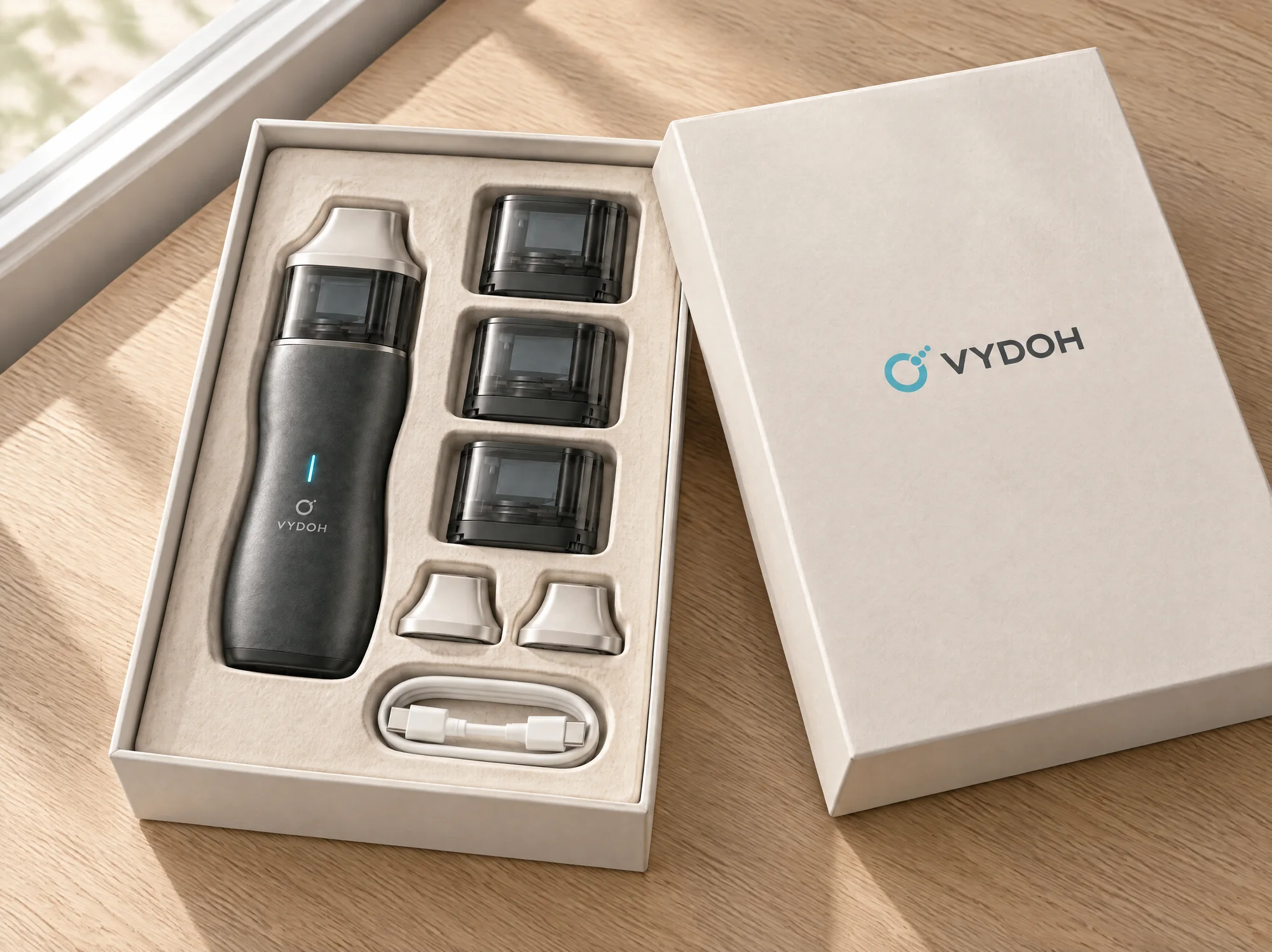 Комплект предзаказа VYDOH ONE: устройство без никотина, мундштуки, сменные кассеты, кабель USB-C