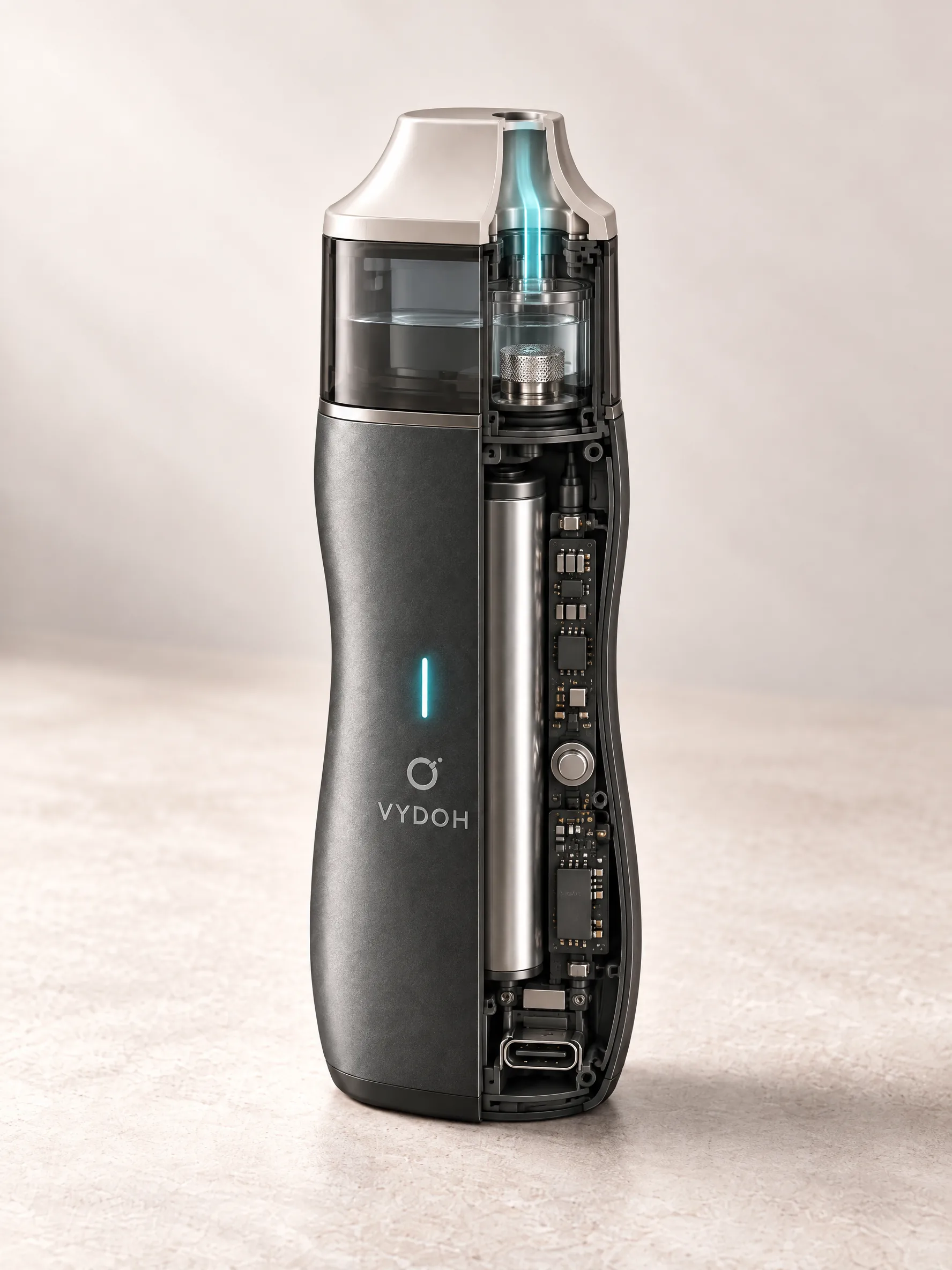 VYDOH ONE в разрезе: мундштук, кассета с mesh-мембраной, аккумулятор, USB-C
